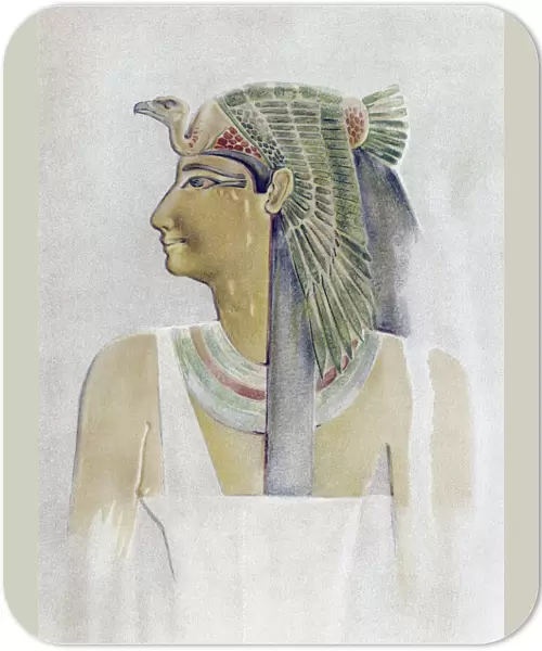 Senseneb, mother of Pharaoh Thutmose I of the early New Kingdom. After a copy by archaeologist Howard Carter of a painted relief from Deir el-Bahri, used in the book The Tomb of Hatshopsitu by Theodore M. Davis, published in London, 1906; Illustration
