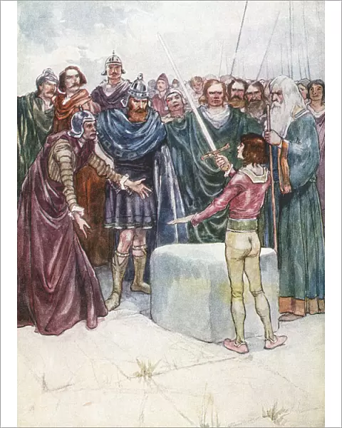 The young Arthur draws the sword Excalibur from the stone. After an illustration by 19th century artist Archibald Stevenson Forrest; Illustration