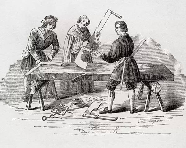 Carpenters and their tools in the 16th century. From The History of Progress in Great Britain, published 1866