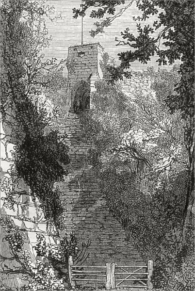 Entrance to the keep, Carisbrook Castle, Carisbrooke, Isle of Wight, England, seen here in the 19th century. Charles I was imprisoned at the castle in the months prior to his trial. From Picturesque England, Its Landmarks and Historic Haunts, published 1891