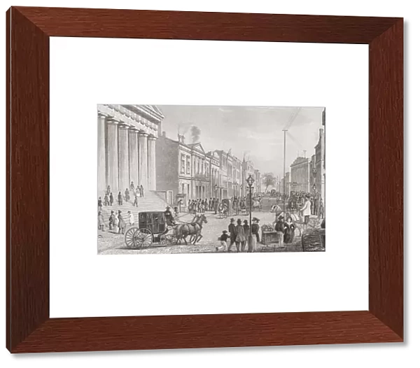 Wall Street, New York City, United States of America in the 19th century. Seen from the corner of Broad Street. After an unattrributed 19th century engraving