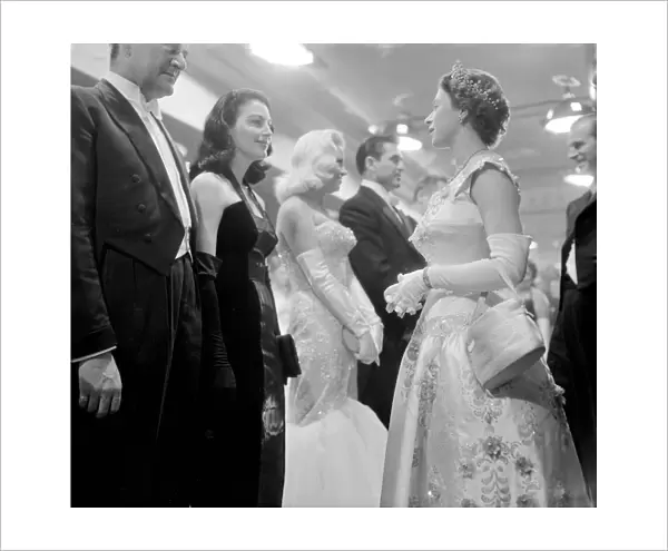 Ava Gardner with the Queen during a Royal Command Film Performance, October 1955