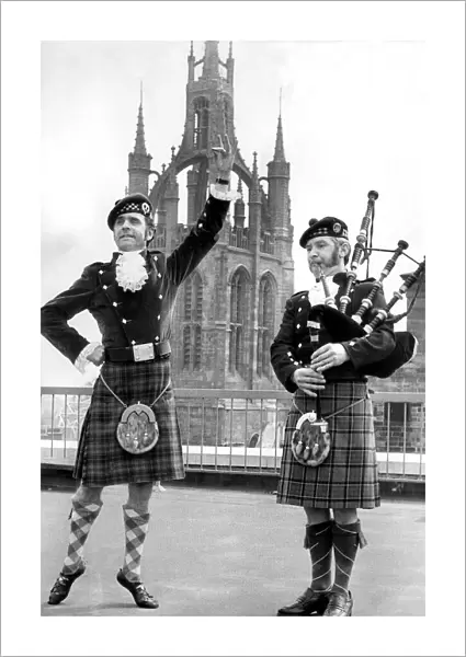 Highland dancer Dick Harrison and piper Bill Hughes having a last practice before they