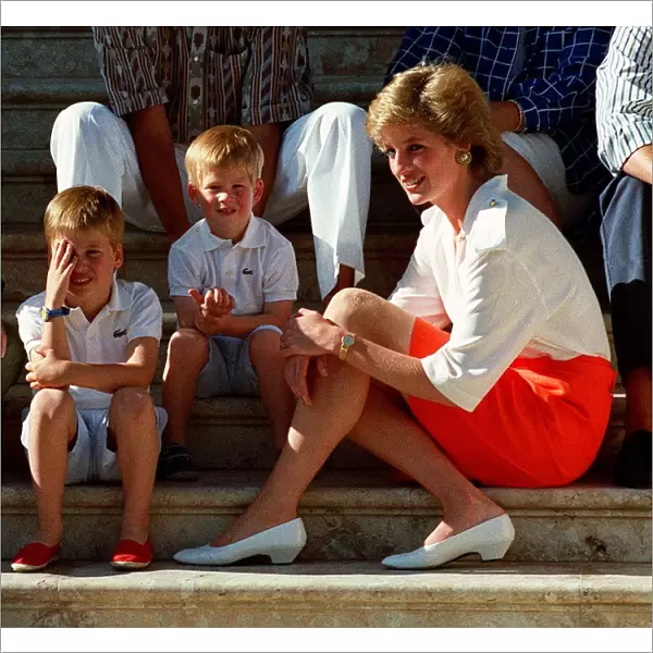 Princess Diana poses with her sons, Prince William and Prince Harry at a photocall