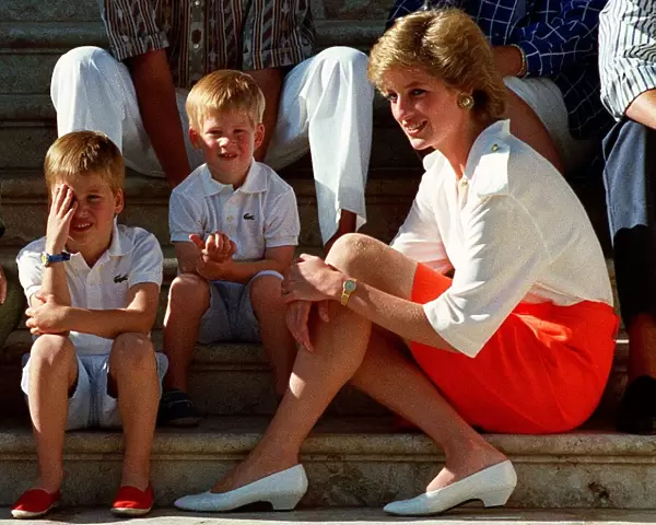 Princess Diana poses with her sons, Prince William and Prince Harry at a photocall