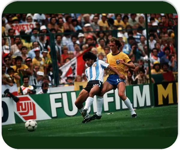 Argentina v Brazil World Cup 1982 football Diego Maradona holds off a challenge