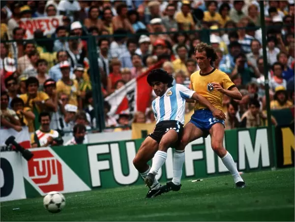 Argentina v Brazil World Cup 1982 football Diego Maradona holds off a challenge