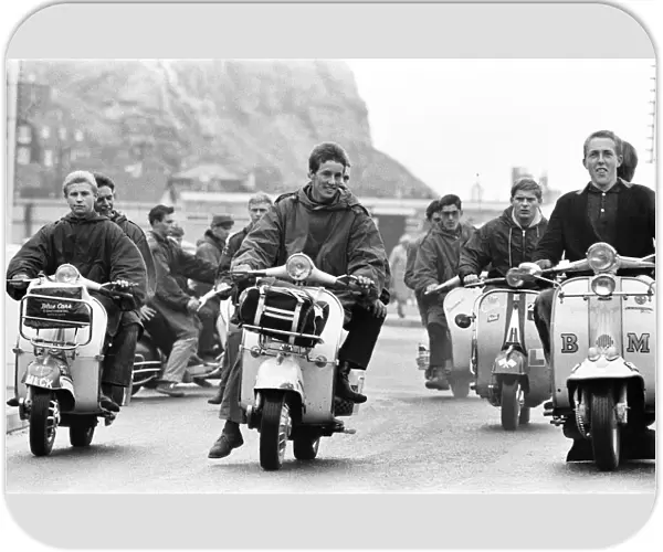 Mods gather in Hastings on their scooters, August 1964