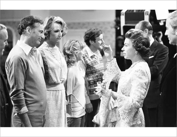 The Queen visits cast and crew on the set of BBC TV Series The Good Life