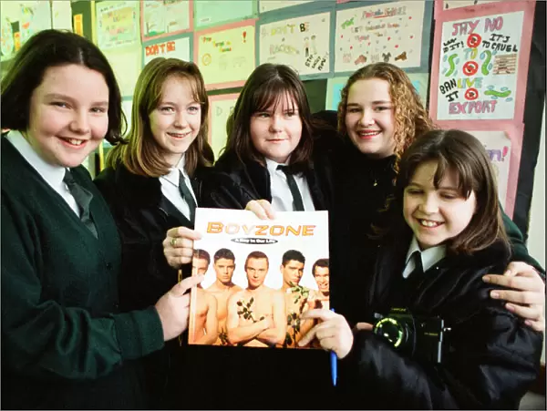 Boyzone pictured appearing on the Big Breakfast live show from Tile Hill Wood School