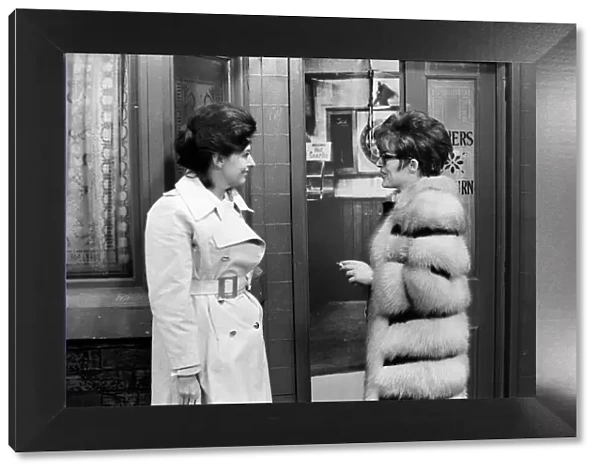 The cast of Coronation Street on set. Pat Phoenix and Anne Leslie
