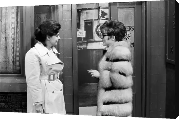 The cast of Coronation Street on set. Pat Phoenix and Anne Leslie