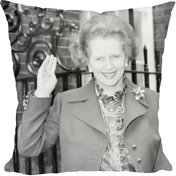 Margaret Thatcher PM pictured on her birthday, aged 57 years old, outside Downing Street