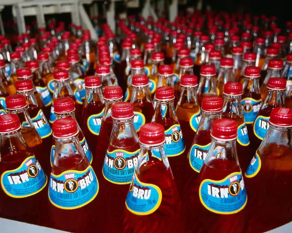 Bottles of Barrs Irn Bru on production line March 1989