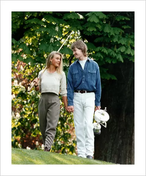 Stephen Hendry with girlfriend Mandy Tart walking with Trophy. 1st May 1990