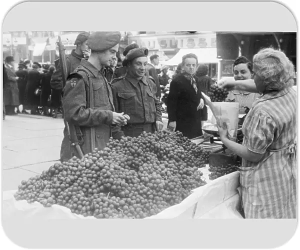 British Troops buying Grapes in Brussels. Their regiment is unknown