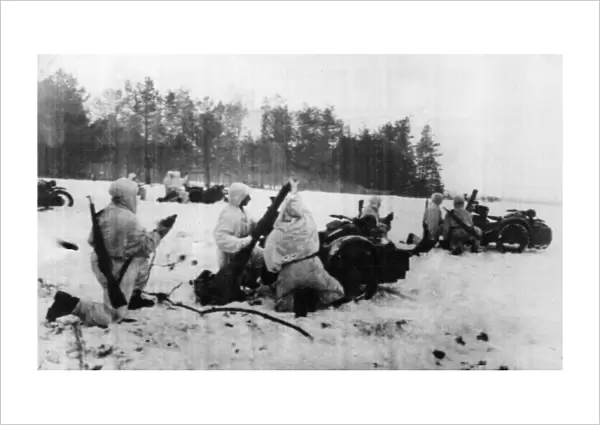 A Soviet Red Army trench mortar battery shelling the enemy German army on the Belarus