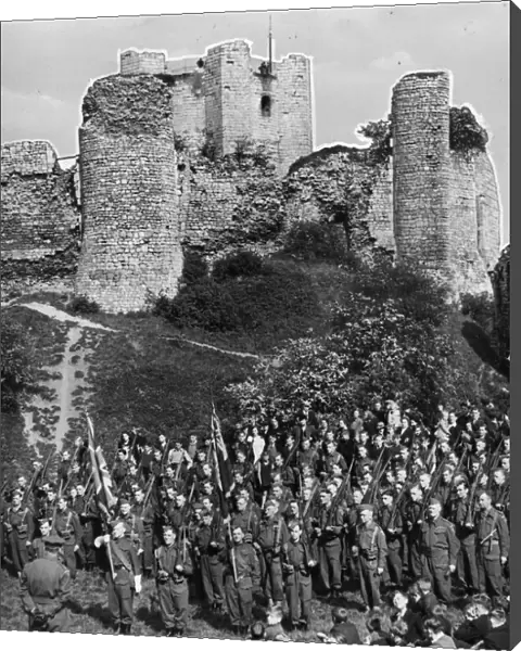 A ceremonial parade by The Home Guard at Conisbrough Castle, near Doncaster Yorkshire
