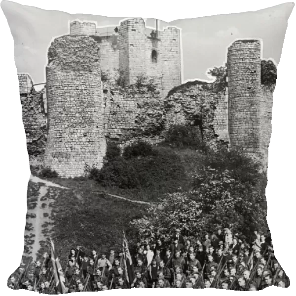 A ceremonial parade by The Home Guard at Conisbrough Castle, near Doncaster Yorkshire