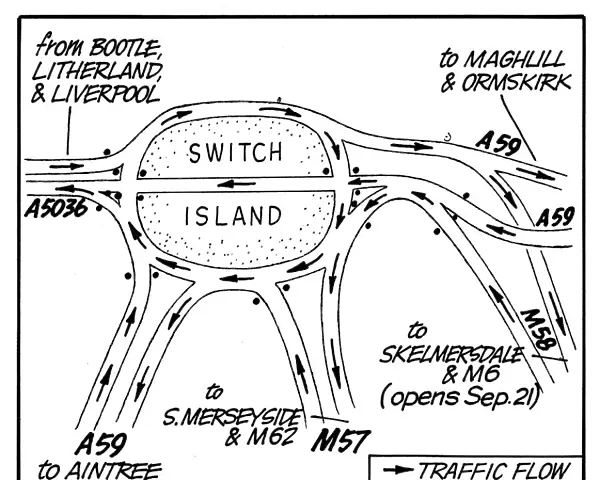 Traffic flow at Switch Island Junction illustrated in the Liverpool Echo drawing Circa