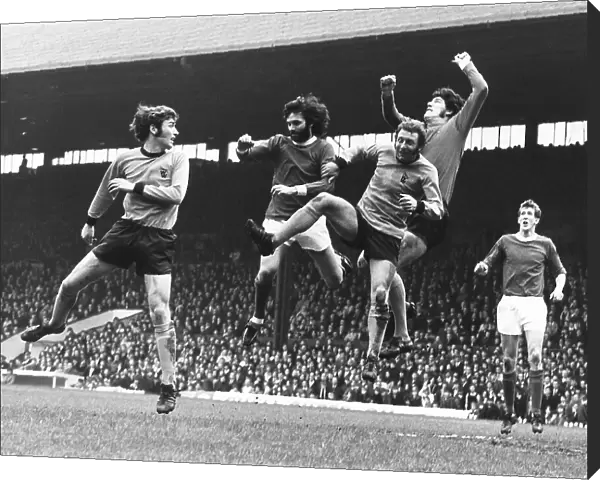 Manchester United V Wolves L-R McAlle, George Best, Bailey, Parks and Alan Gowling (Utd) watching. April 1971