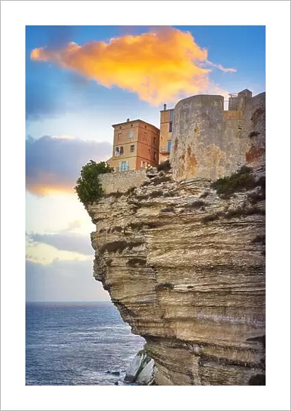 Bonifacio at sunset time, the limestone cliff, Corsica Island, France