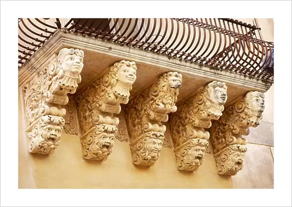 Baroque details of balcony at the Palazzo Villadorata (Palazzo Nicolaci), Noto old town, Sicily, Italy UNESCO