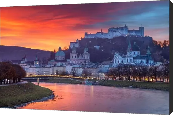 Salzburg, Austria. Cityscape image of the Salzburg, Austria with Salzburg Cathedral during beautiful autumn sunrise