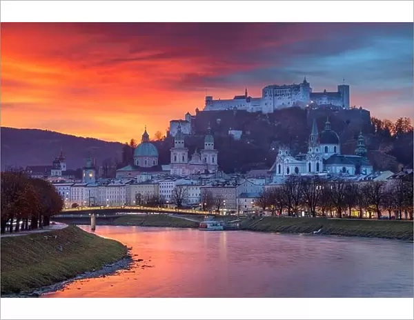 Salzburg, Austria. Cityscape image of the Salzburg, Austria with Salzburg Cathedral during beautiful autumn sunrise