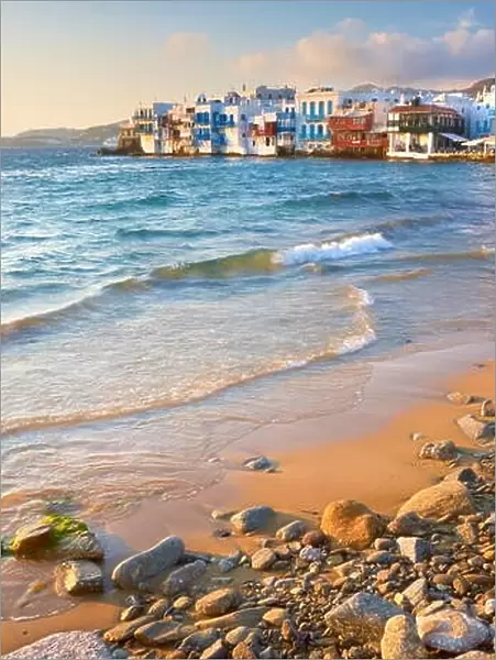 Mykonos Town, Chora (Little Venice) in the background, Mykonos Island, Cyclades Islands, Greece
