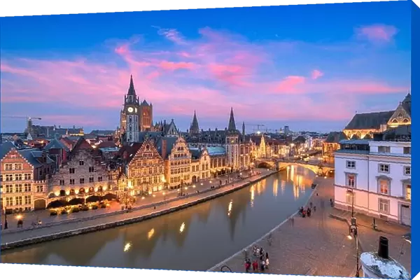 Ghent, Belgium old town cityscape from the Graslei area at dusk