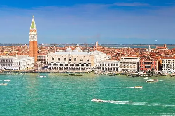 Aerial view of St Mark's Campanile (Campanile di San Marco) and Doge's Palace (Palazzo Ducale) in Venice (Venezia), UNESCO