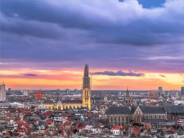 Antwerp, Belgium cityscape from above at twilight