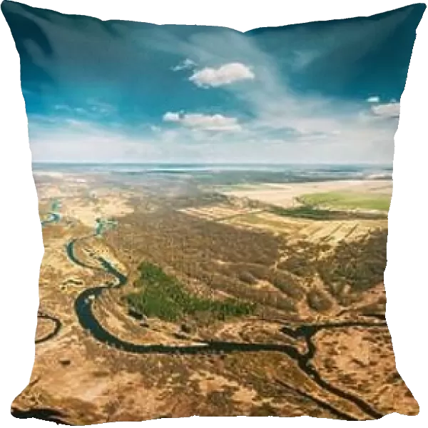 Aerial View Curved River In Early Spring Landscape. Top View Of Beautiful European Nature From High Attitude. Drone View. Bird's Eye View. Little Smal