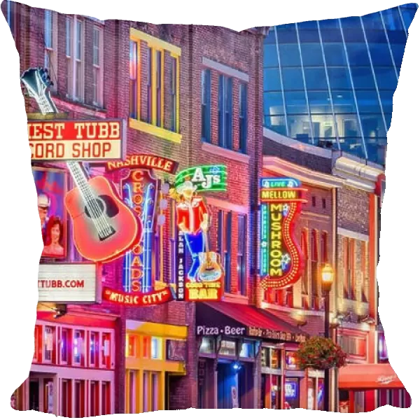 NASHVILLE, TENNESSEE - AUGUST 20, 2018: Honky-tonks on Lower Broadway. The district is famous for the numerous country music entertainment establishme