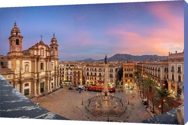 Palermo, Italy cityscape and square at dusk