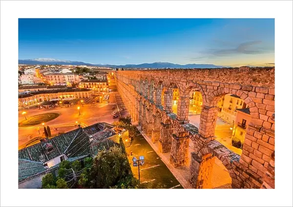 Segovia, Spain town view at Plaza del Azoguejo and the ancient Roman aqueduct
