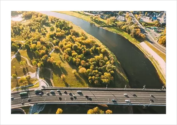 Mahiliou, Belarus. Aerial View Of Bridge over the Dnieper river In Mogilev. Aerial View Of Skyline In Autumn Day. Bird's-eye View