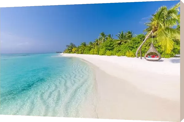 Amazing tropical landscape, paradise island beach landscape. Seascape view with island beach, sand, palm trees, summer mood. Exotic vacation, travel