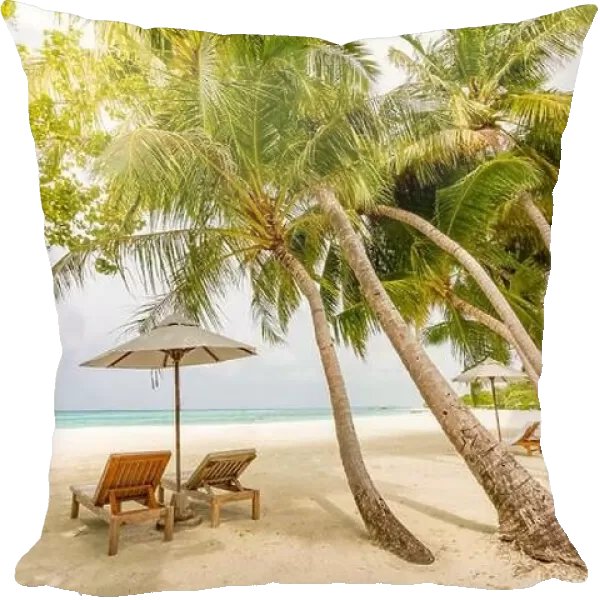 Tropical beach resort island view. Palm trees under soft blur sky