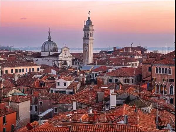 Venice; Italy rooftop skyline towards San Giorgio dei Greci and its leaning bell tower