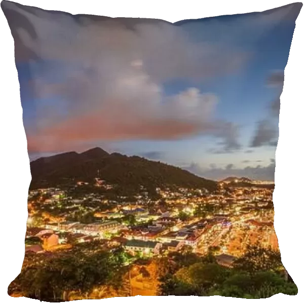 Marigot, St. Martin town skyline in the Caribbean at twilight