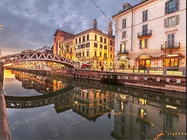 Naviglio Canal in Milan, Italy at twilight
