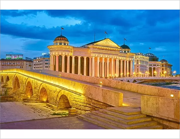 Stone Bridge and Archeological Museum of Macedonia at evening, Skopje, Republic of Macedonia
