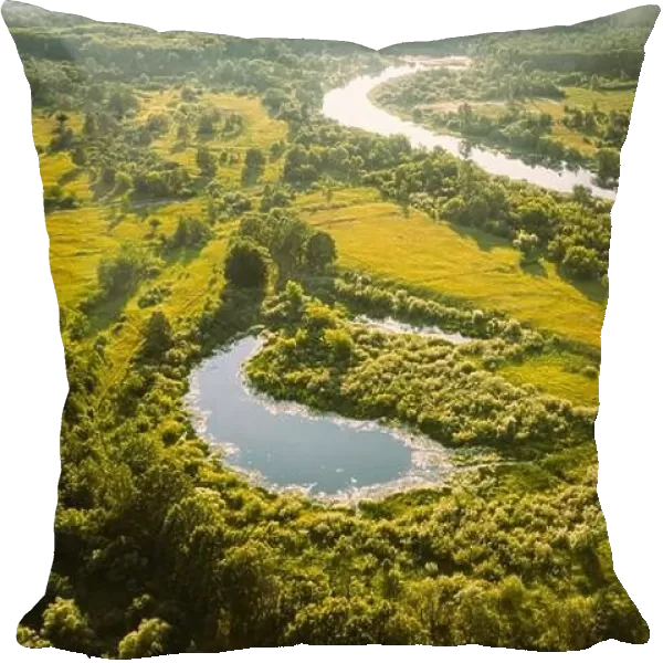 Belarus. Elevated View Of Small Bog Marsh Swamp Wetland, River And Green Forest Landscape In Sunny Summer Day. Attitude View. Forest In Bird's Eye