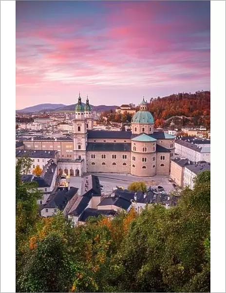 Salzburg, Austria. Cityscape image of the Salzburg, Austria with Salzburg Cathedral during autumn sunset