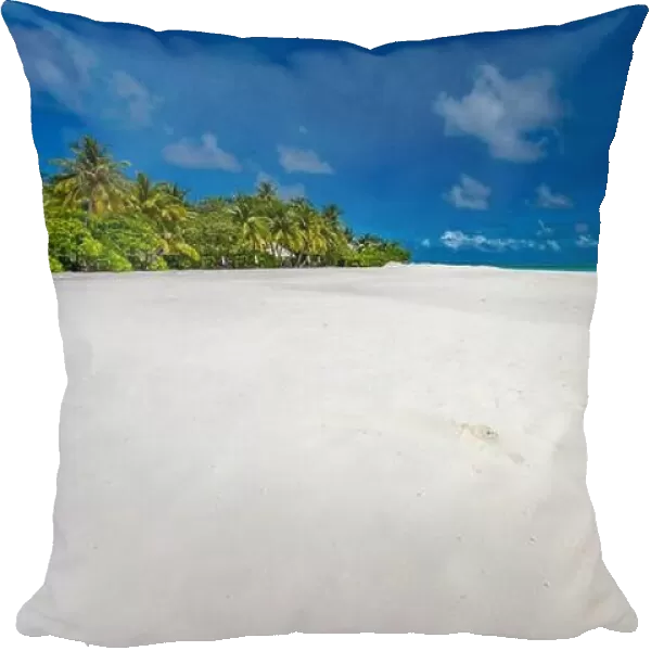 Beautiful beach. Sunny white sand with copy space. View of nice tropical beach with palms around. Holiday and vacation concept. Tropical beach