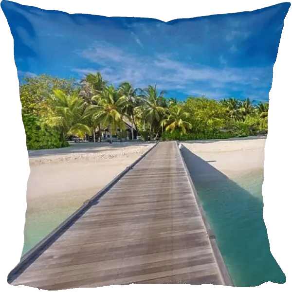 Beautiful beach in Maldives. Long jetty vacations and tourism concept. Tropical resort beach landscape, paradise island, travel concept