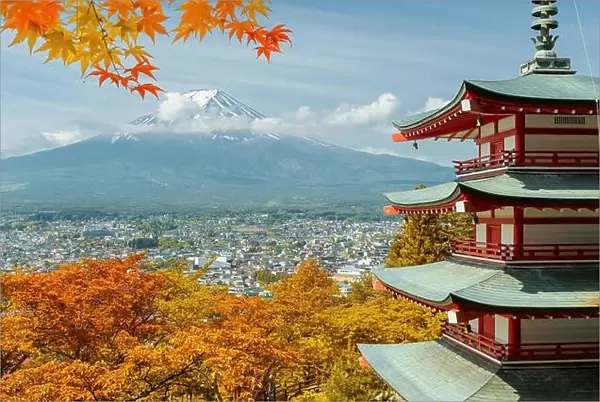 Mt. Fuji and red pagoda with autumn colors in Japan, Japan autumn season