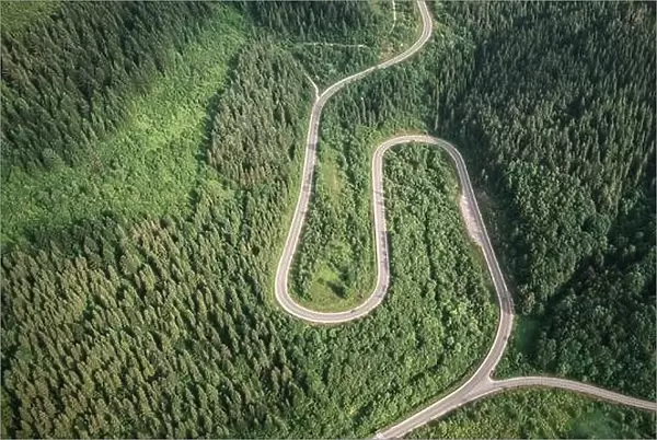 Flight over the summer mountains with mountain road serpentine, river and forest. Ukraine, Carpathian mountains. Landscape photography